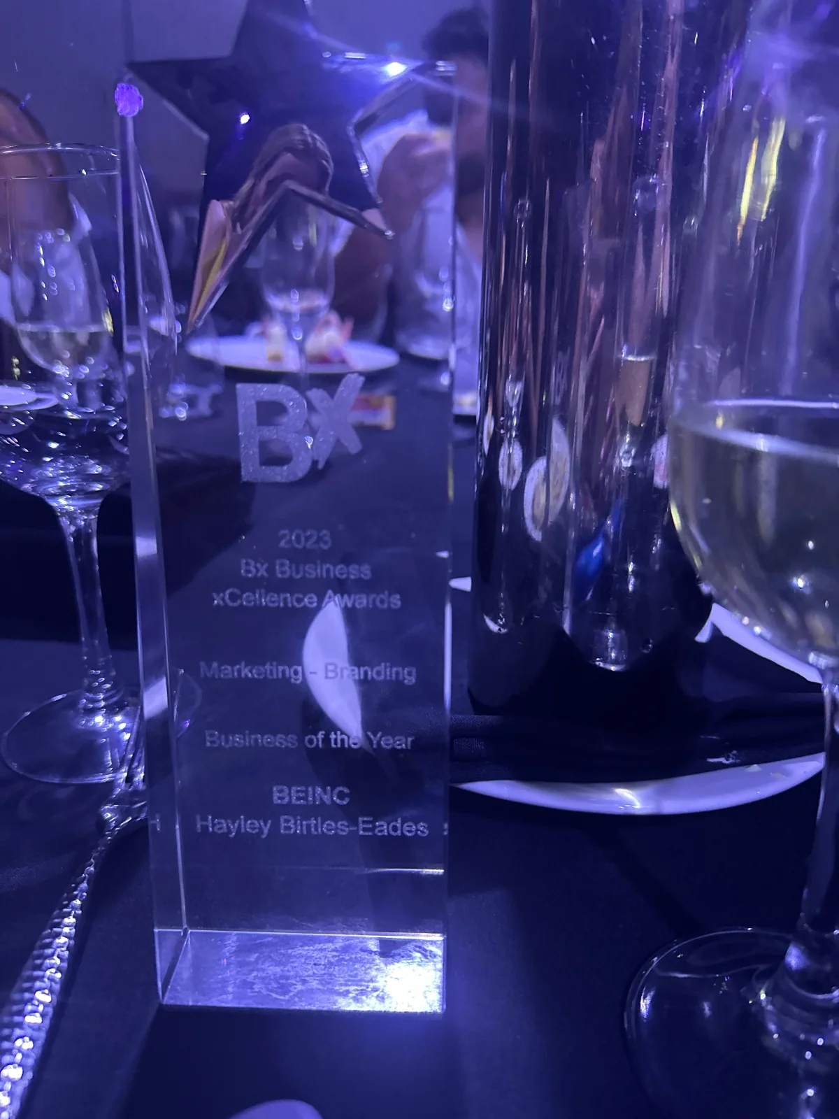 Close-up of a Beinc creative agency award trophy