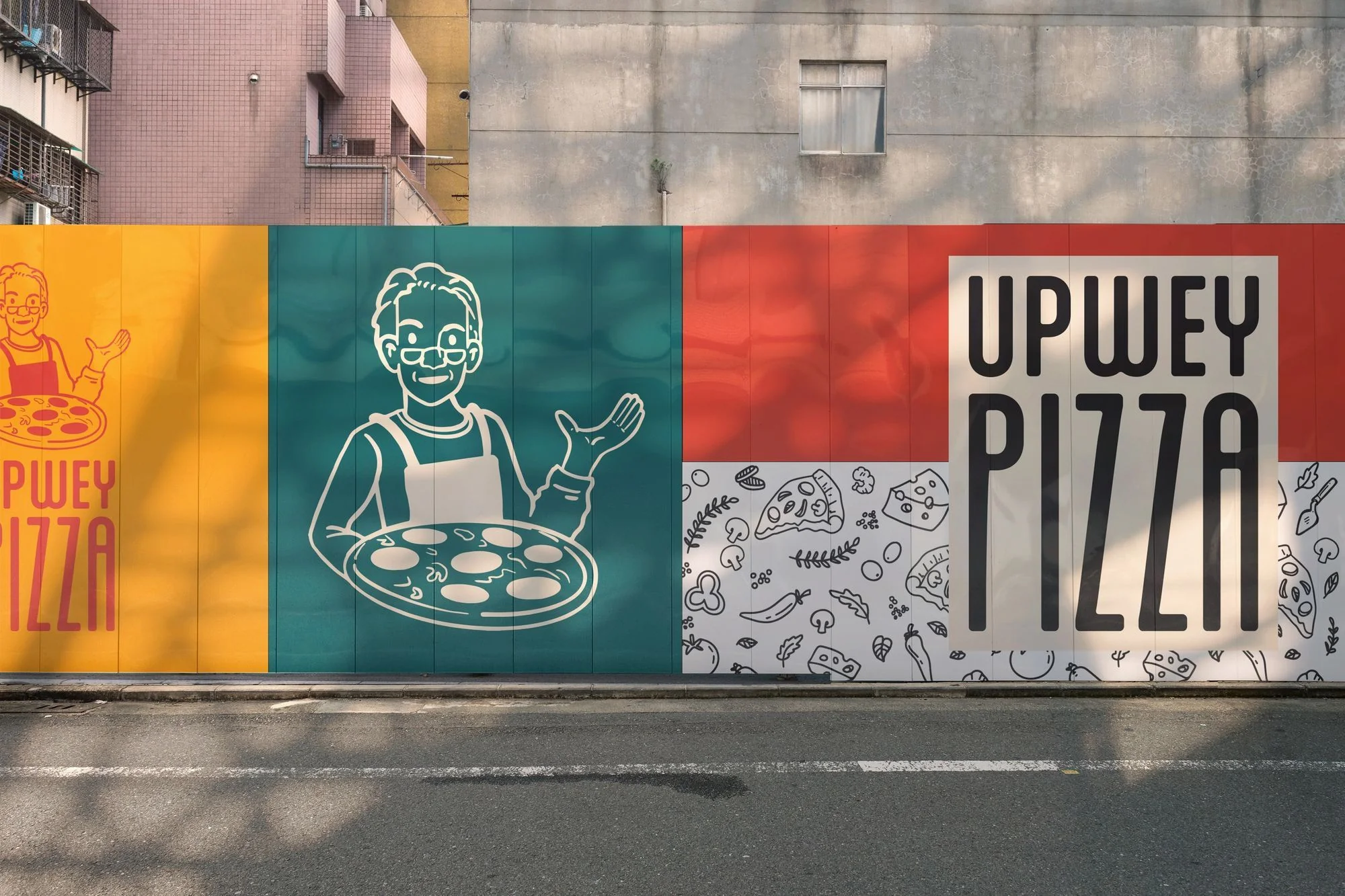 Upway pizza brand identity applied to a textured wall mockup